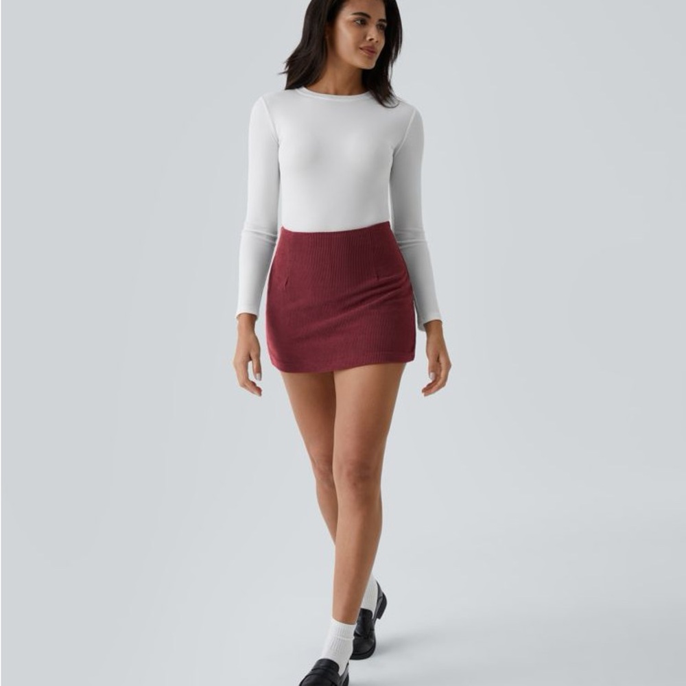 HALARA High Waisted 2-in-1 A Line Mini Corduroy Casual Skirt Sz M Pomegranate - Picture 6 of 6